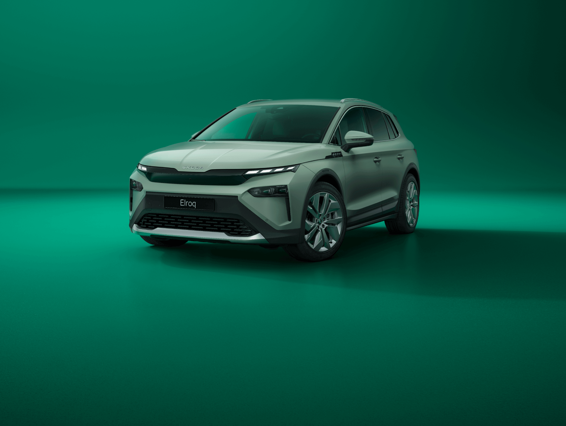 The new Skoda Elroq car on a green background