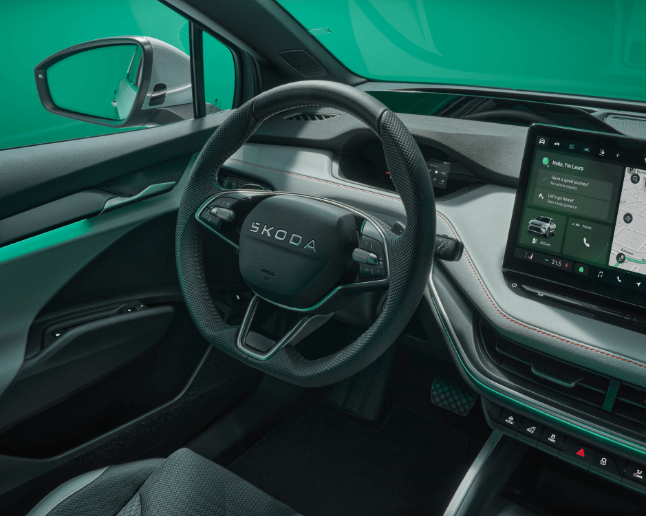 a close up of the car's steering wheel